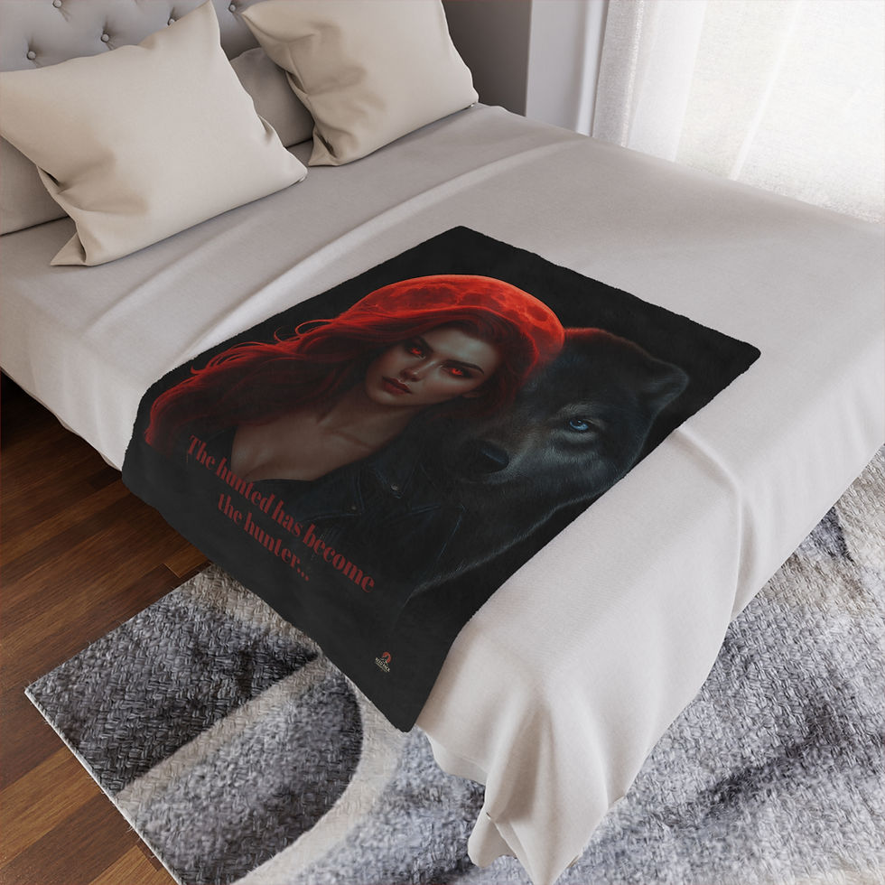 Thumbnail: Blanket with woman and wolf image, with text on it, on a bed