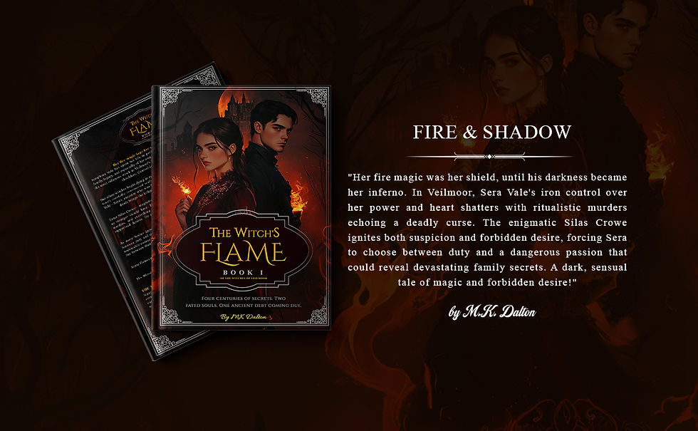 Thumbnail: The Witch's Flame book cover, Fire & Shadow text, epic fantasy love story, forbidden desire.