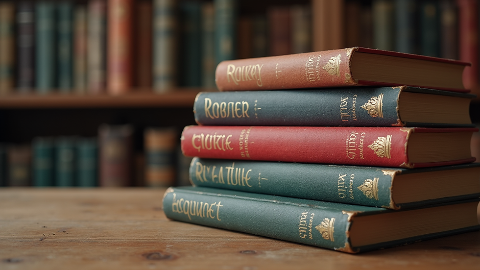 Eye-level view of a stack of fantasy romance novels on a wooden table