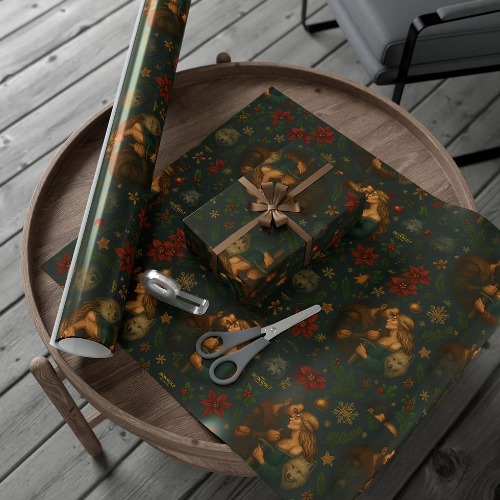 Thumbnail: Gift-wrapped present on table with wrapping paper, scissors, and ribbon, festive design.