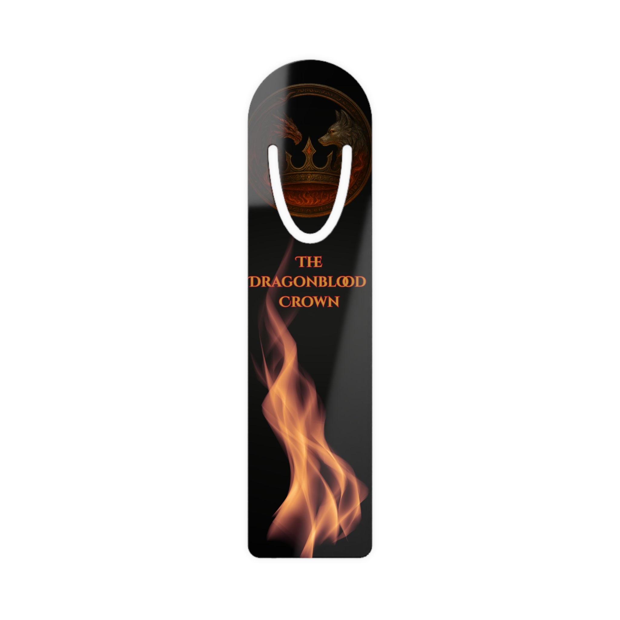 Bookmark with "The Dragonblood Crown" text and a fiery dragon image.