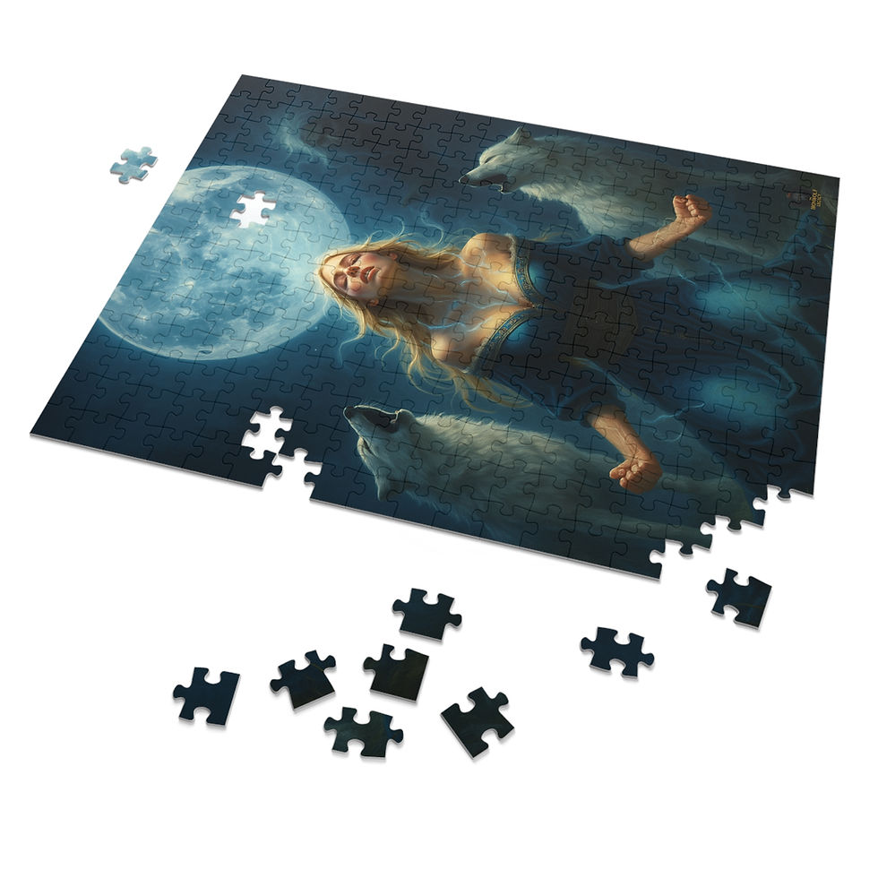 Thumbnail: Woman with wolves puzzle, the moon above, Golden Fire song, Bloodline Chronicles music.
