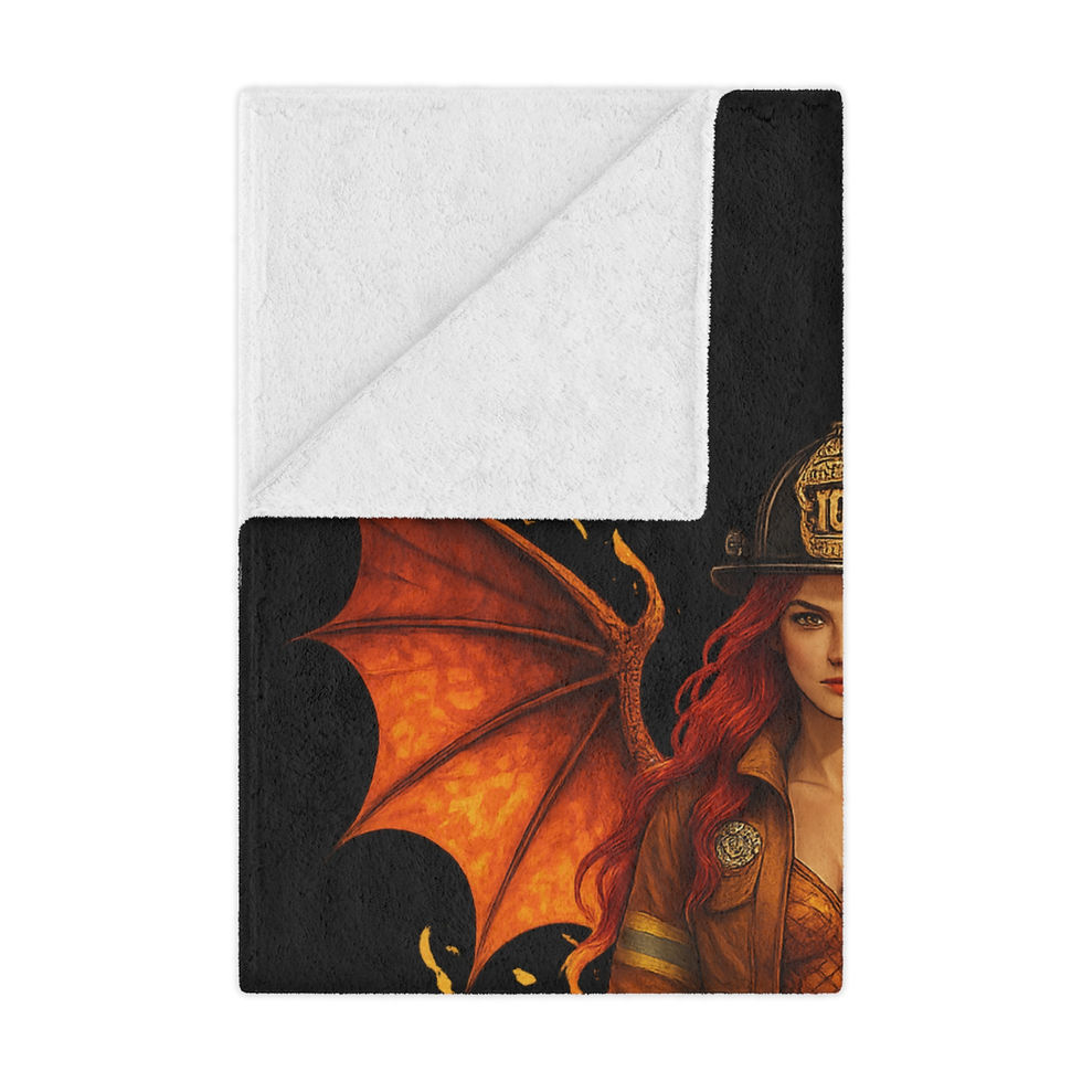 Thumbnail: Woman in a firefighter's helmet with dragon wings draped on blanket.