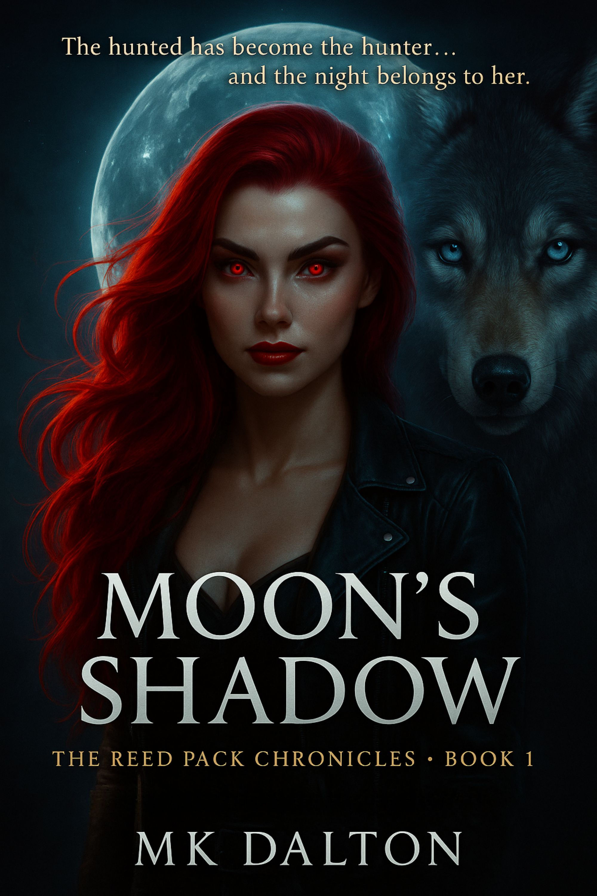 Moon's Shadow book cover: woman with red hair and wolf background.