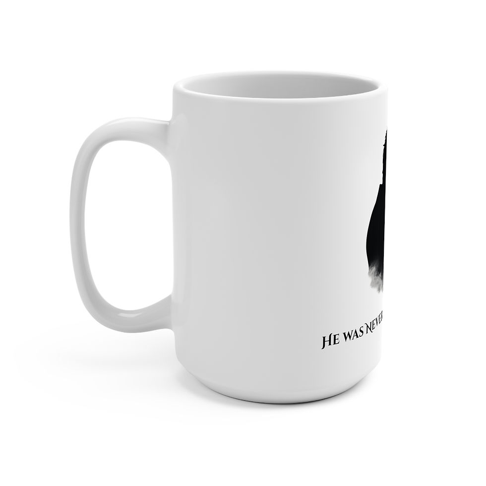 Thumbnail: White mug with black artwork and text, He Was Here, coffee cup.