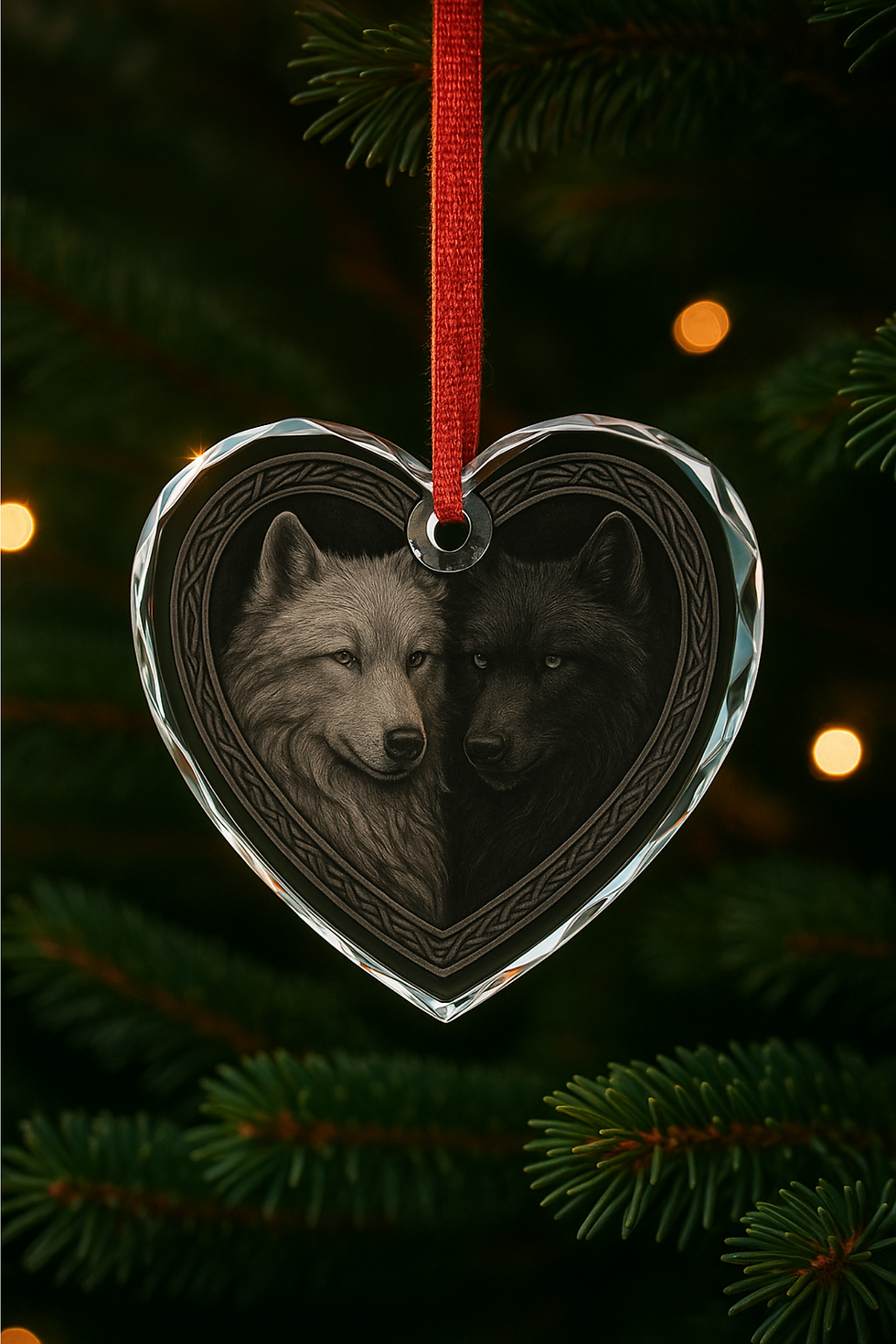 Thumbnail: Heart-shaped ornament with two wolves inside, hanging on a Christmas tree.