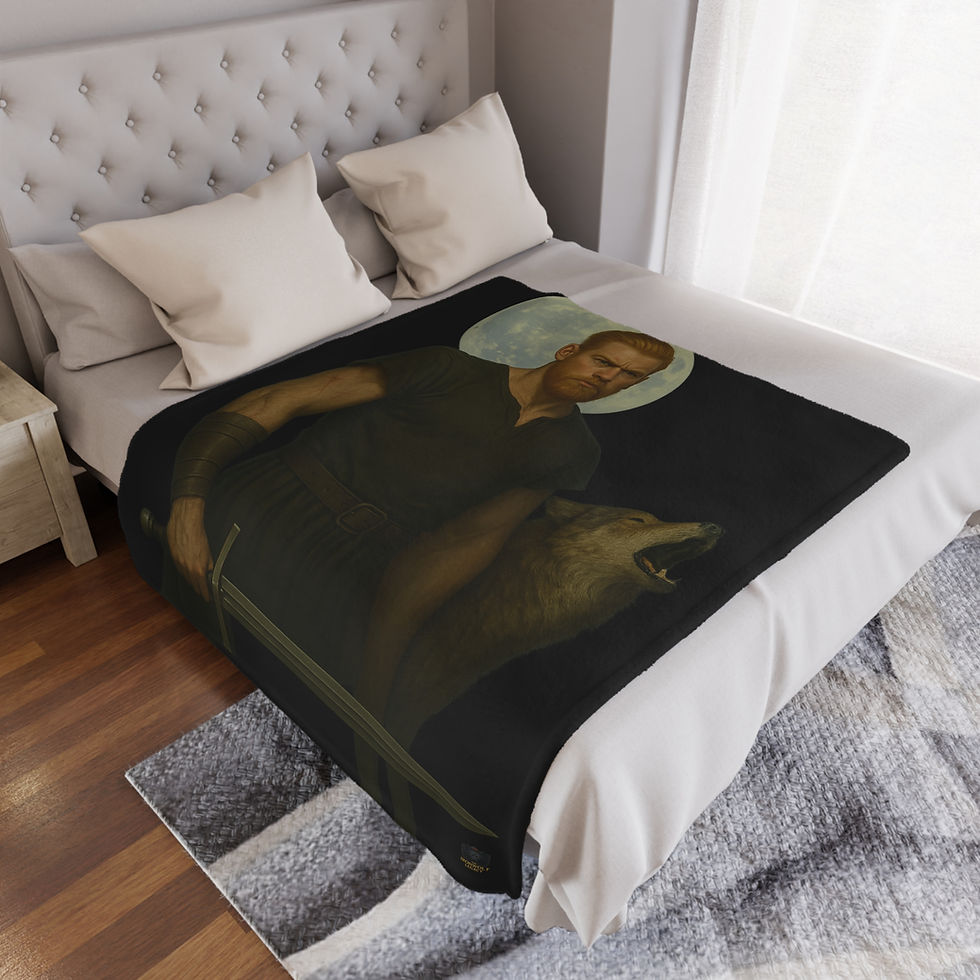 Thumbnail: Blanket featuring an art print, man with a wolf, dark theme, and Blood Remembers song.