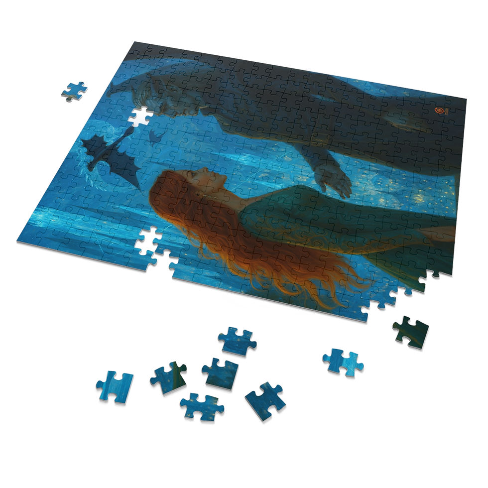 Thumbnail: Puzzle with dragon, woman, and text on a blue background, fantasy art.