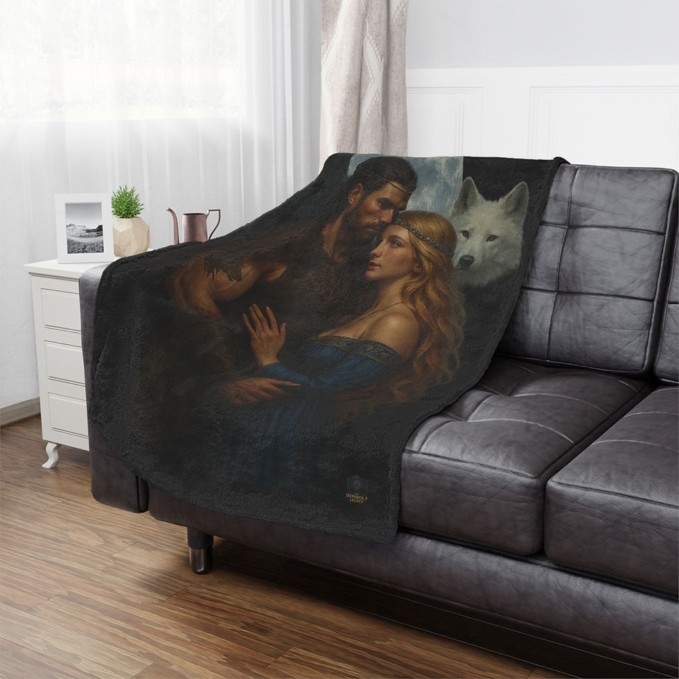 Thumbnail: Romantic couple blanket: man and woman with a wolf in the background on the couch.