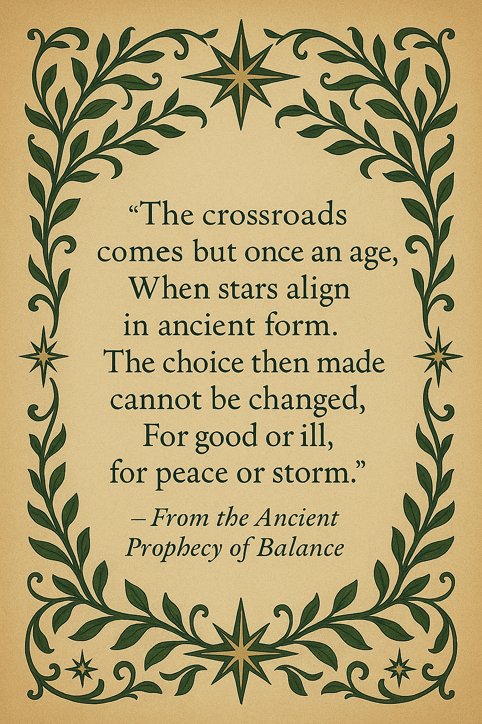 Thumbnail: Quote about choices from The Ancient Prophecy of Balance, decorated with leaves and stars.