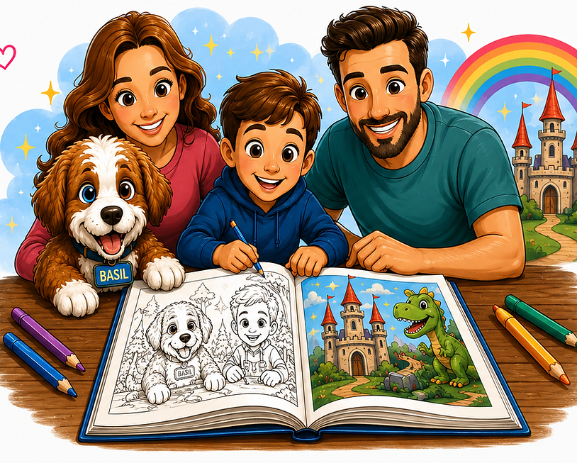 Child and fluffy Bernedoodle begin a magical personalized coloring-book adventure