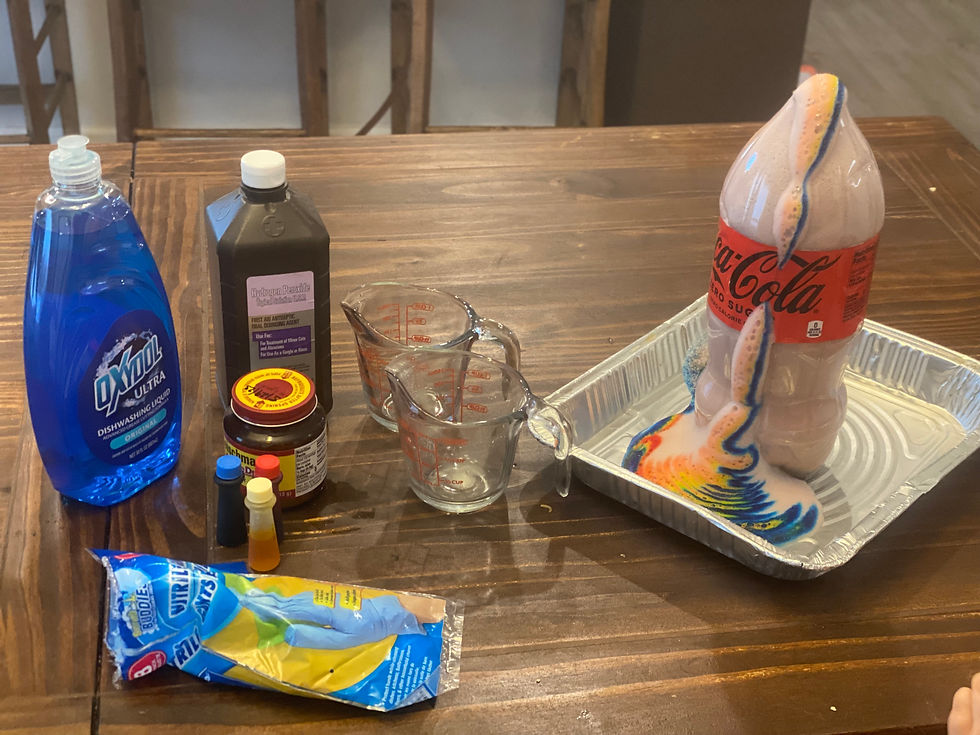 elephant toothpaste with dish soap, hydrogen peroxide , active dry yeast, food coloring, measuring cups, gloves, safety goggles (not pictured), 2L bottle, and disposable roasting tin