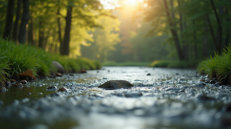 Eye-level view of a peaceful nature scene with a flowing river