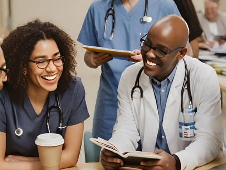 A team of healthcare professionals collaborating and smiling