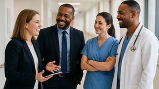 A team of healthcare executives and frontline workers engaged in a collaborative conversation