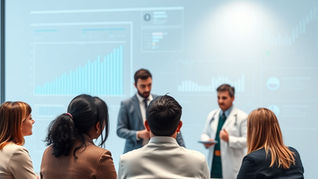 A polished, modern healthcare thought leadership image showing a diverse group of healthcare and infection prevention leaders in a strategic discussion (AI-generated by Wix AI image generating tool).