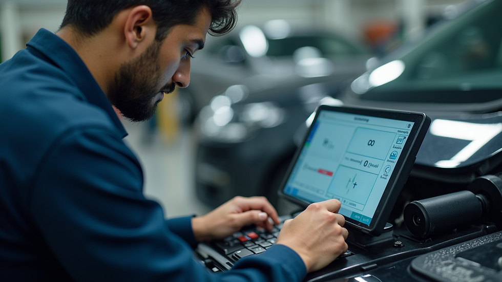 Close-up view of a mechanic using diagnostic equipment on a car at Chander Motors, Bhiwani