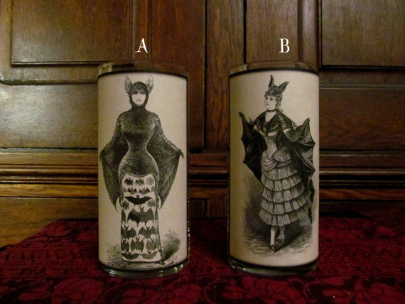 Bat Girl A or B: Parchment Collection Candleholder ~ vintage, bats, bat girl