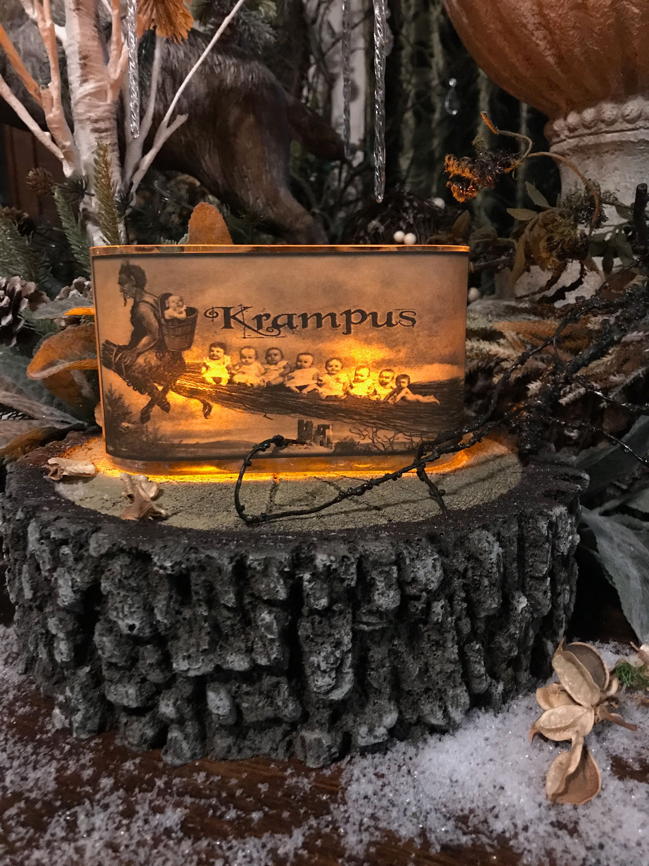 Krampus Oval: Parchment Collection: Oval Candleholder, Witch, broom, Yule