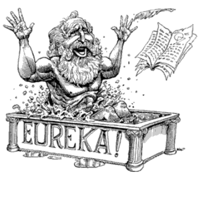 Desenho preto e branco de um senhor surpreso e alegre dentro de uma banheira que possui arquitetura grega e a palavra "Eureka!" escrita na lateral.