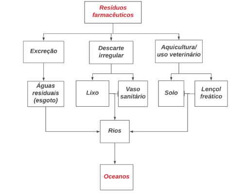 A imagem é um diagrama mostrando as fontes de contaminação marinha pelos resíduos farmacêuticos. Na parte de cima há um retângulo com a frase “resíduos farmacêuticos”, desse retângulo saem três setas: uma para o quadrado escrito “excreção”; a segunda para o quadrado escrito “descarte irregular” e a terceira seta para o quadrado escrito: “aquicultura/uso veterinário”. Do quadrado “excreção” sai uma seta para o “águas residuais (esgoto)”; do quadro “descarte irregular” saem duas setas, sendo um quadrado “lixo” e o outro “vaso sanitário” e do quadrado com “aquicultura/uso veterinário” também saem duas setas, uma para o quadrado “solo” e outra para quadrado “lençol freático”. A partir desses cinco quadrados as setas se encontram em um quadrado escrito “rio”. Por fim, uma das setas saí desse quadrado no sentido do quadrado escrito "oceanos". Uma observação é que o primeiro quadrado (resíduos farmacêuticos) e o último (oceanos) estão escritos na cor vermelha para chamar a atenção que esses resíduos tem como destino final os oceanos.