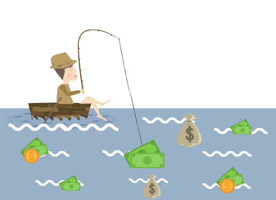 Imagem representando uma atividade de pesca. Há um homem em um barco pequeno de madeira, na superfície da água, pescando com vara. Embaixo da água, há notas de dinheiro, moedas e sacos de moeda, de modo a figurar o valor dos pescados.