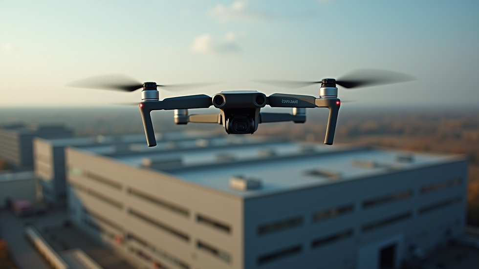 Vue aérienne rapprochée d’un drone équipé d’une caméra 4K en vol au-dessus d’un bâtiment industriel