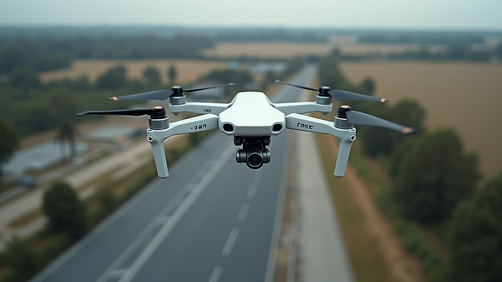 Vue en plongée d’un drone inspectant une toiture industrielle en Charente