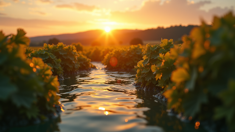 Vue aérienne en plongée d’un vignoble charentais au coucher du soleil