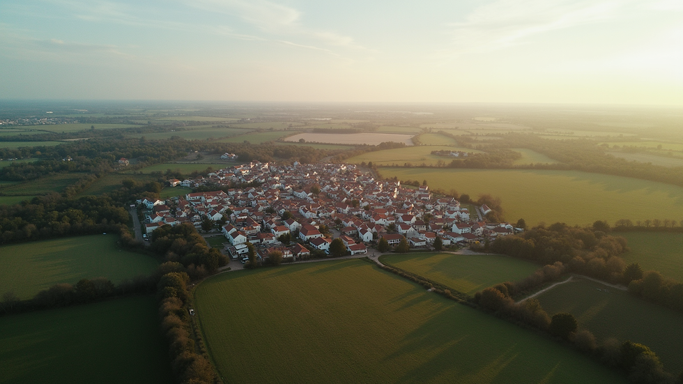Vue en plongée d’un drone survolant un village typique de Charente