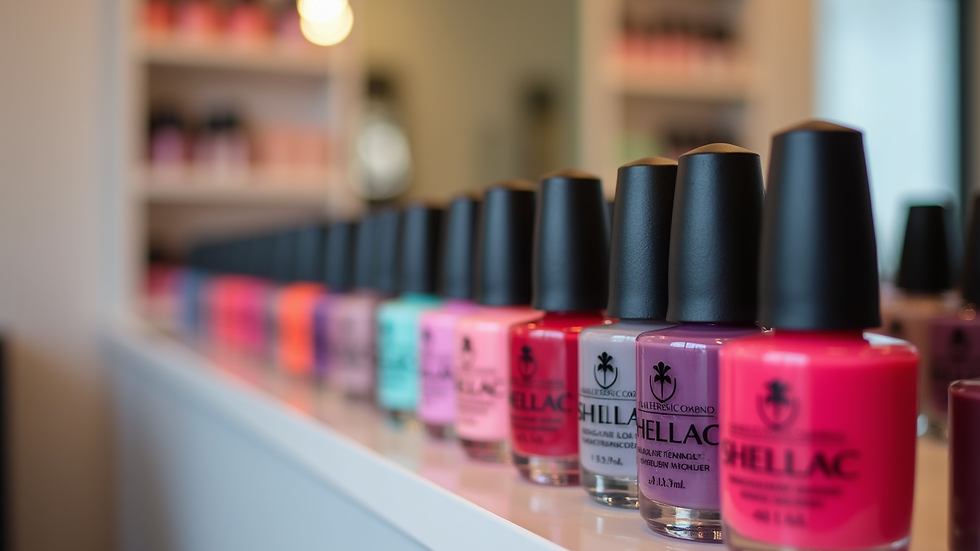Eye-level view of a display of colorful shellac nail polish bottles in a salon