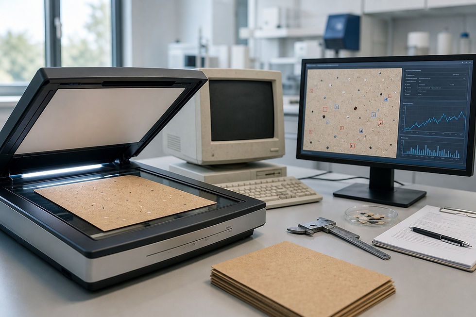 Paper lab flatbed scanner with linerboard sample beside an obsolete beige PC and a modern dirt count analysis display