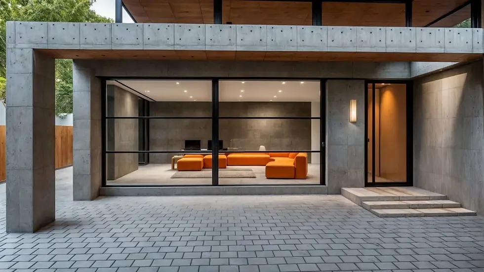 Modern house exterior with large guilotina sliding windows. Inside, an orange sectional sofa and monitor are visible. Concrete walls and paved driveway.