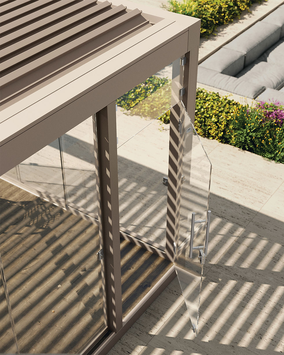Privlux pergola with glass doors that can easily be pushed for year-round comfort