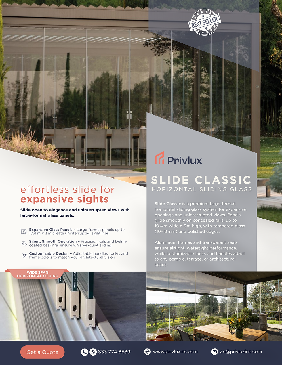 Sliding glass doors in a stylish outdoor setting with trees visible. Text highlights "Privlux Slide Classic" features and a "Best Seller" badge.