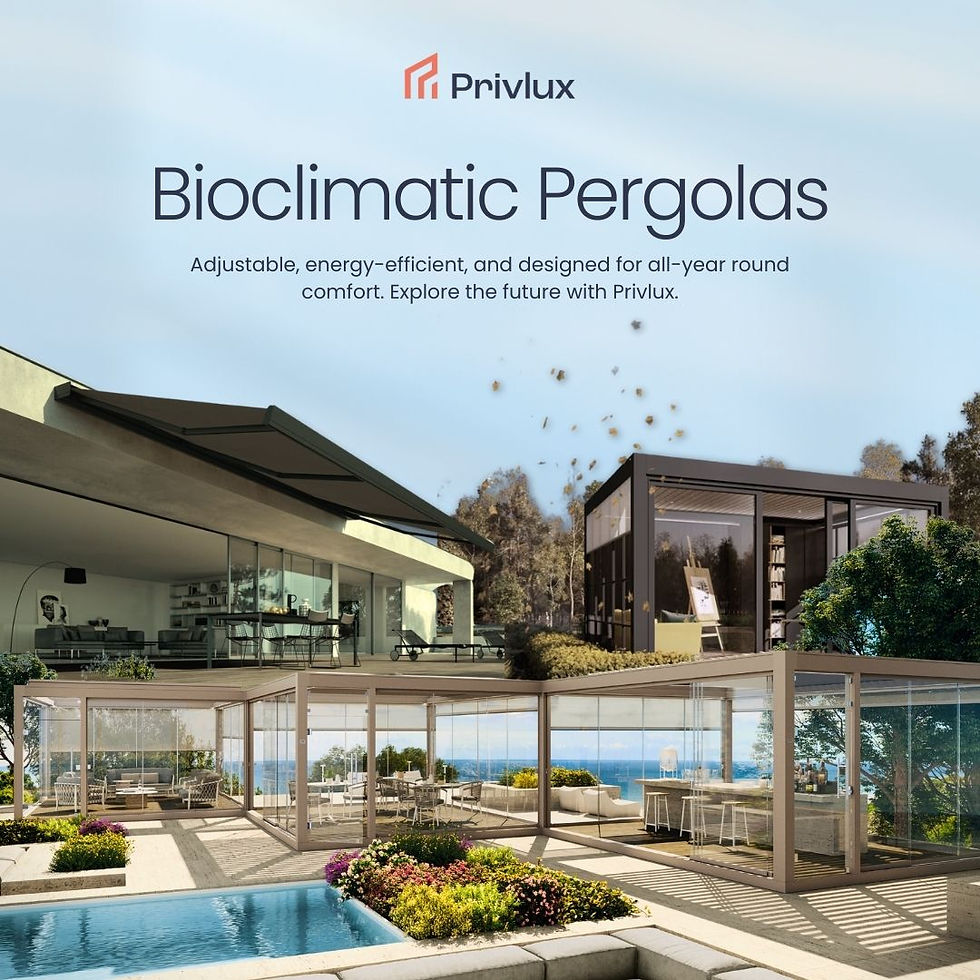 Modern pergolas in a garden setting, with text "Privlux: Bioclimatic Pergolas." Features glass structures, greenery, and a pool. Blue sky backdrop.