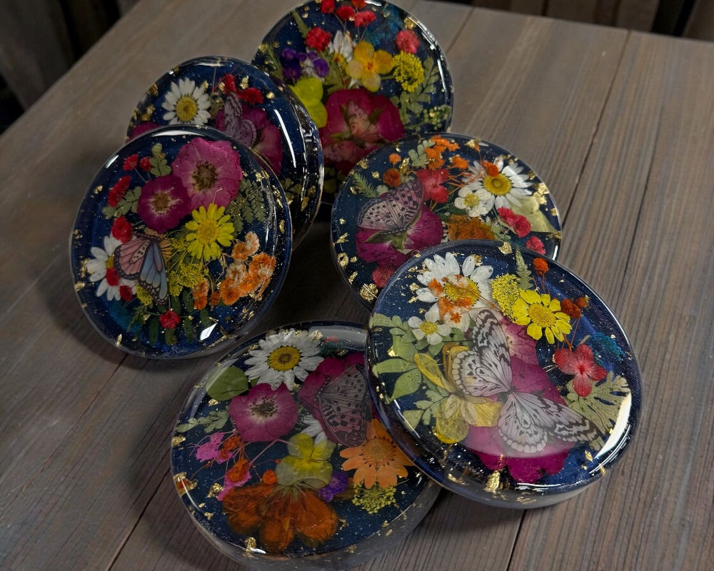 Set of 6 Floral 4” Resin Coasters with Cork Bottom 