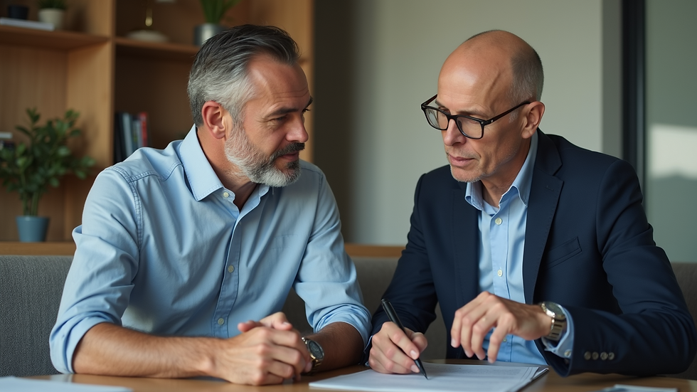 Close-up view of a coach and client discussing real estate investment plans