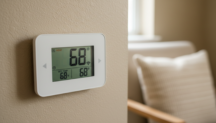 Close-up view of a wall thermostat set to heat inside a home.