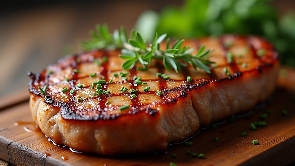 Close-up view of a succulent pork chop garnished with herbs