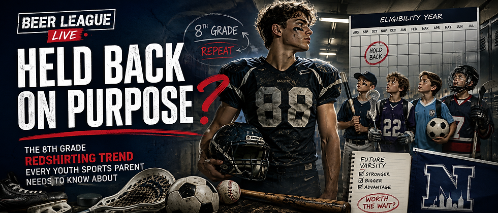 Wide Beer League Live sports graphic featuring a larger, older-looking football player standing in front of younger baseball, lacrosse, soccer, and hockey athletes. Text reads, “Held Back on Purpose? The 8th Grade Redshirting Trend Every Youth Sports Parent Needs to Know About,” with school eligibility and repeat-grade imagery in the background.