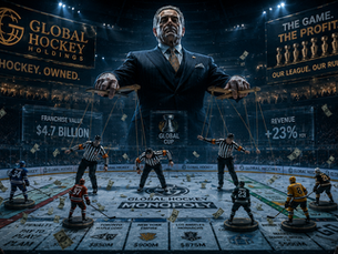 A cinematic widescreen hockey arena transformed into a Monopoly-style game board, dominated by a towering corporate tycoon in a luxury suit controlling referees like puppets over the ice. Neon advertisements, luxury skyboxes, and raining money create a cold blue-and-gold dystopian atmosphere while fans in the foreground protest with signs reading “Save Hockey,” “End the Empire,” and “Our Game Not Theirs.” Hockey players stand like game pieces across the frozen rink beneath dramatic arena lighting, blending sports realism with satirical corporate takeover imagery.