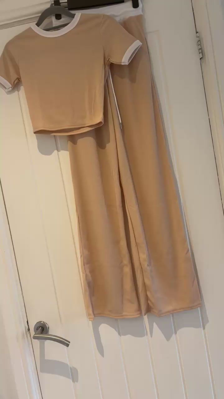 Thumbnail: Contrast Trim Ribbed Crop Top & Wide Leg Trousers