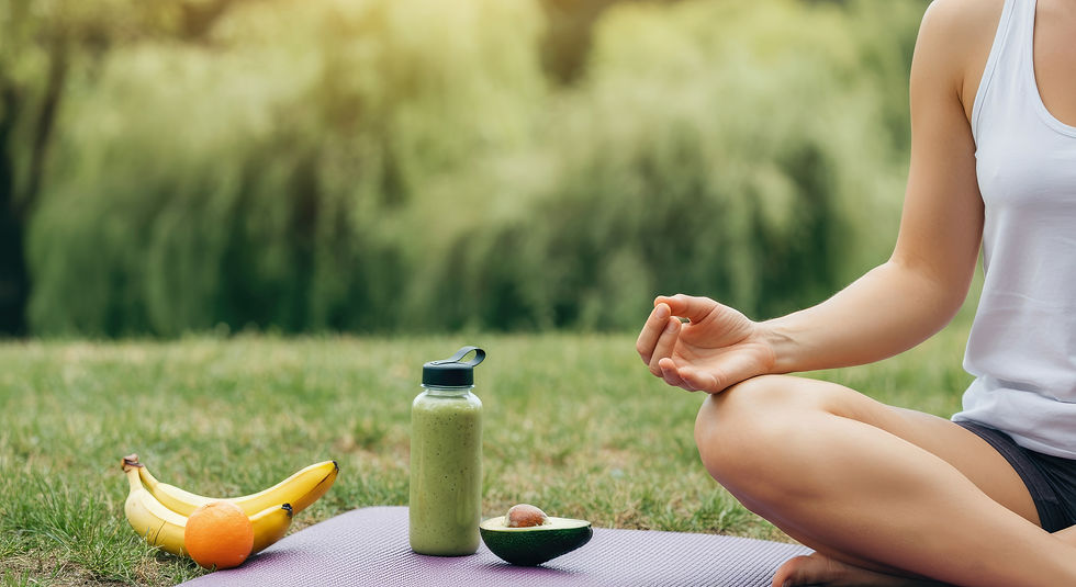 Woman sitting on yoga mat meditating outdoors, with a healthy smoothie and fruit.