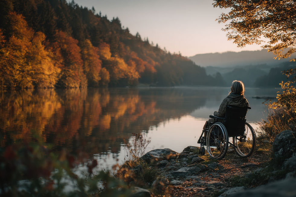 Woman in a manual wheelchair staring at a beautiful view of a lake and trees.