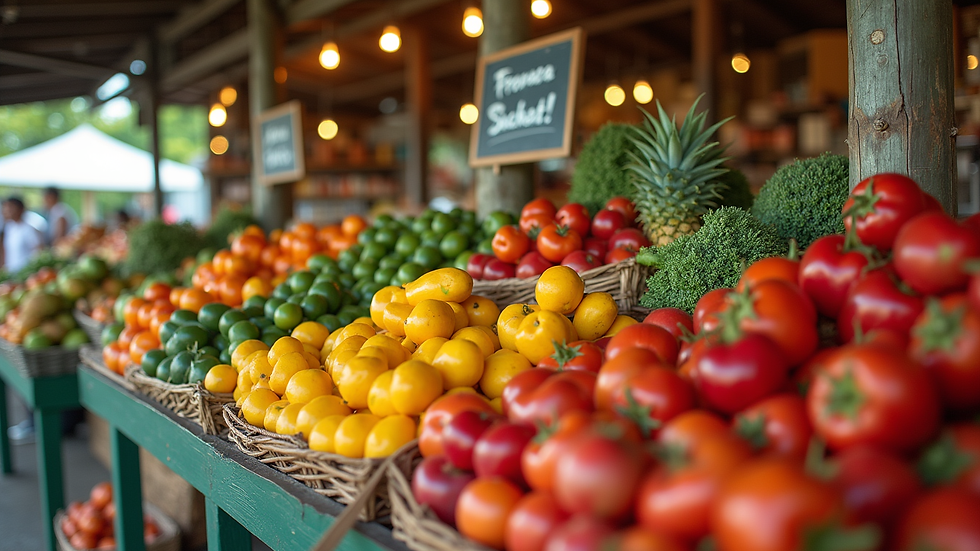Wide angle view of a local Hawaiian market with fresh fruits and vegetables