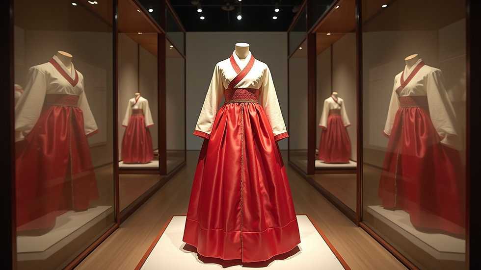 Eye-level view of a traditional Korean hanbok displayed in a cultural center