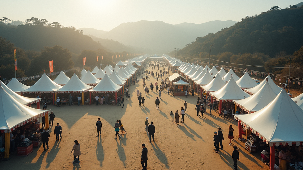 High angle view of outdoor Korean cultural festival with tents and visitors