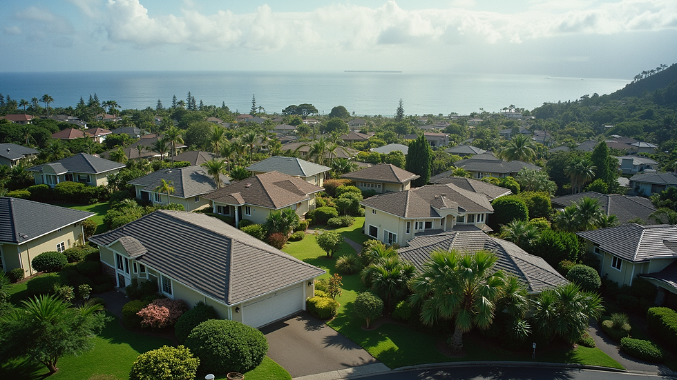 High angle view of a residential neighborhood in Hawaii with houses and greenery