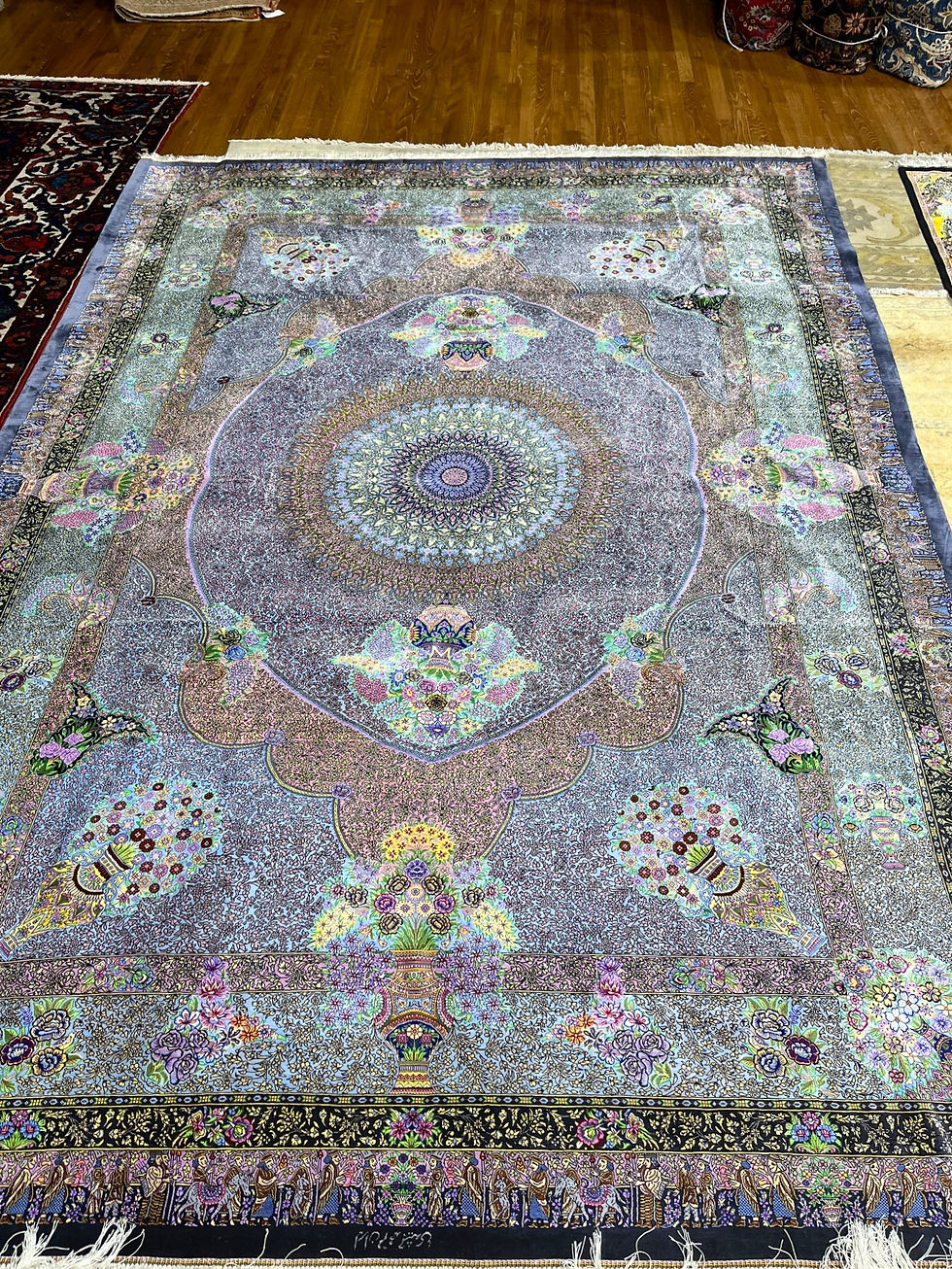 Persian Qom Silk Rug, measuring 8' x 11'3". Hand woven from pure Silk,